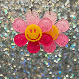 Hot pink flower smiley earrings