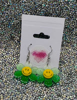 Green flower smiley earrings