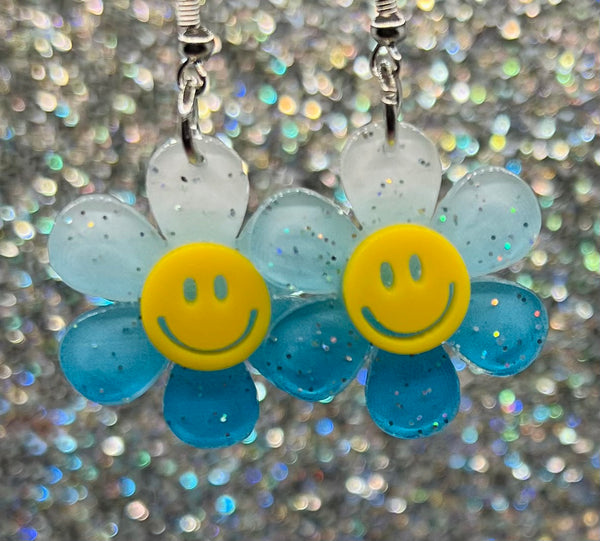 Blue flower smiley earrings